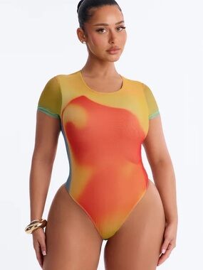 Fashion Nova Yellow & Gold Short Sleeve Mesh Bodysuit